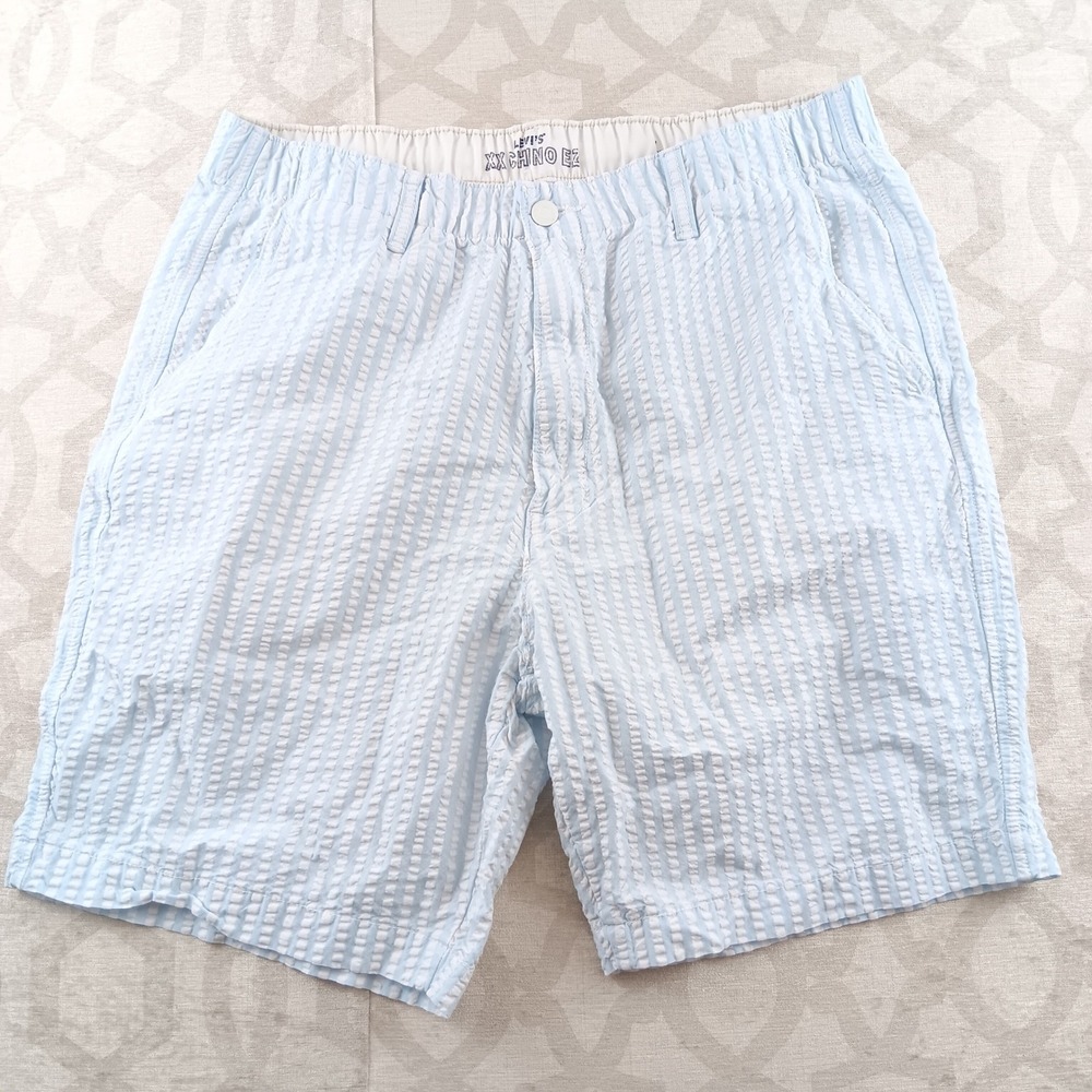 LEVIS XX Chino EZ Seersucker Shorts Light‎ Blue Striped Elastic Waist Mens L